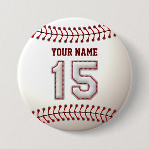 Baseball Stitches Player Number 15 and Custom Name 3 Inch Round Button