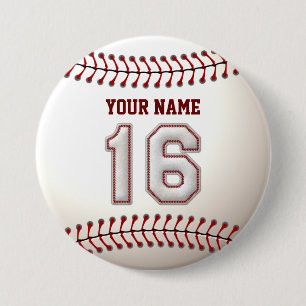 Baseball Stitches Player Number 16 and Custom Name 3 Inch Round Button