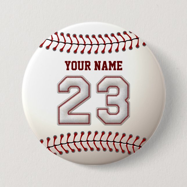 Baseball Stitches Player Number 23 and Custom Name 3 Inch Round Button (Front)