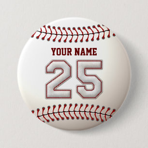 Baseball Stitches Player Number 25 and Custom Name 3 Inch Round Button