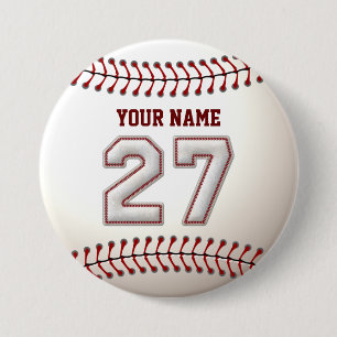 Baseball Stitches Player Number 27 and Custom Name 3 Inch Round Button