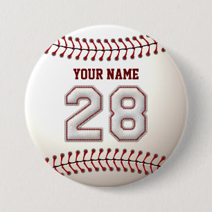 Baseball Stitches Player Number 28 and Custom Name 3 Inch Round Button