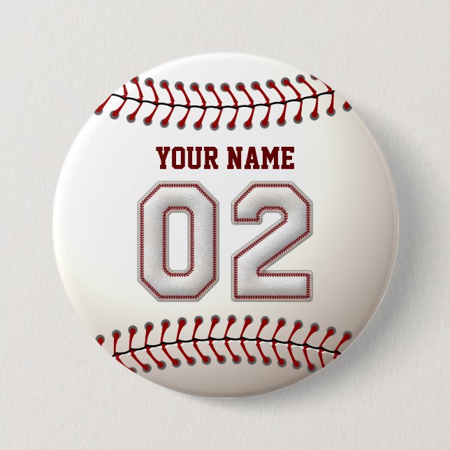 Baseball Stitches Player Number 2 and Custom Name 3 Inch Round Button (Front)