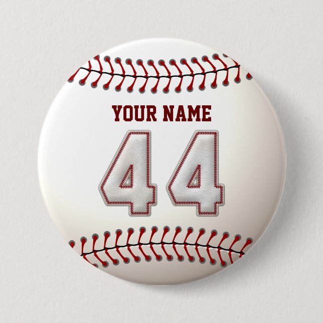 Baseball Stitches Player Number 44 and Custom Name 3 Inch Round Button (Front)