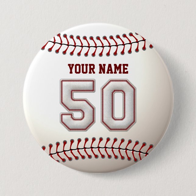 Baseball Stitches Player Number 50 and Custom Name 3 Inch Round Button (Front)