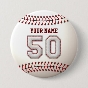 Baseball Stitches Player Number 50 and Custom Name 3 Inch Round Button