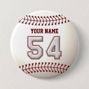 Baseball Stitches Player Number 54 and Custom Name 3 Inch Round Button
