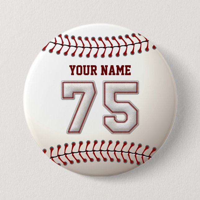 Baseball Stitches Player Number 75 and Custom Name 3 Inch Round Button (Front)