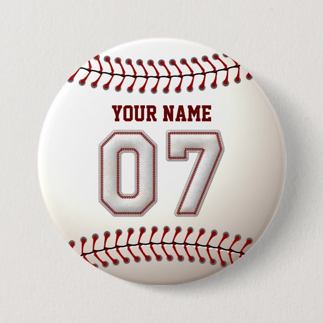 Baseball Stitches Player Number 7 and Custom Name 3 Inch Round Button (Front)