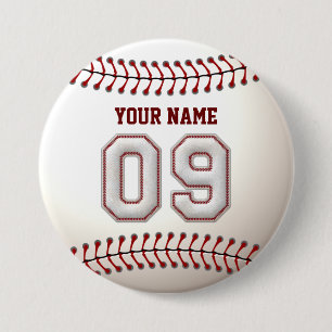 Baseball Stitches Player Number 9 and Custom Name 3 Inch Round Button