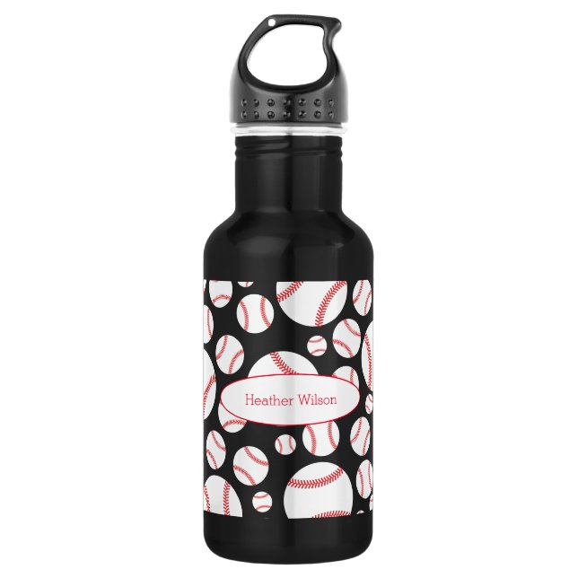 Baseball Team Black Water Bottle with Name (Front)