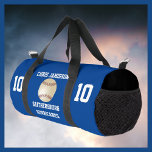 Baseball Team, Coach or Player Blue Personalized Duffle Bag<br><div class="desc">This personalized name duffel gear bag is a unique and fun gift for a baseball player, team, or coach! On the front - a baseball on a dark blue background, with white lettering - very bright and eye catching. Sides of this duffle bag are black, giving it a sharp, trendy,...</div>