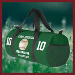 Baseball Team, Coach or Player Green Personalized Duffle Bag<br><div class="desc">This personalized name duffel gear bag is a unique and fun gift for a baseball player, team, or coach! On the front - a baseball on a dark green background, with white lettering - very bright and eye catching. Easy to change the three lines of text and optional player number...</div>