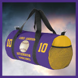 Baseball Team, Coach or Player Purple Personalized Duffle Bag<br><div class="desc">This personalized name duffel gear bag is a unique and fun gift for a baseball player, team, or coach! On the front - a baseball on a purple background, with gold lettering - very bright and eye catching. Sides of this duffle bag are gold, giving it a sharp, trendy, modern...</div>