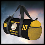 Baseball Team, Coach Player Black Gold Personalize Duffle Bag<br><div class="desc">This personalized name duffel gear bag is a unique, modern, trendy gift for a baseball player, team, or coach! On the front - a baseball on a black background, with gold lettering - very bright and eye catching. Ends are gold, to match lettering. Easy to change the three lines of...</div>