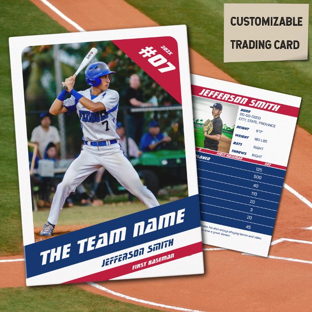 Baseball Team Trading Card Red Blue (Baseball Player Trading Card in White with Custom Team Name and Red White Blue Elements)