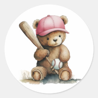 Baseball Teddy Bear Pink Cap Girl Baby Shower Classic Round Sticker