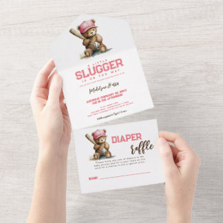 Baseball Teddy Bear QR RSVP Diaper raffle All In One Invitation