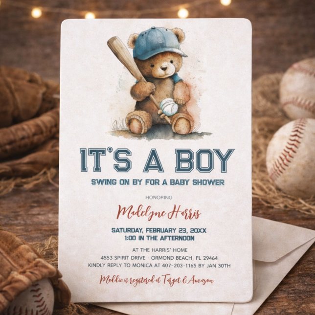 Baseball  Teddy Bear Watercolor Boy Baby Shower  Invitation (Creator Uploaded)
