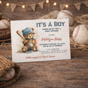 Baseball  Teddy Bear Watercolor Boy Baby Shower  Invitation Postcard