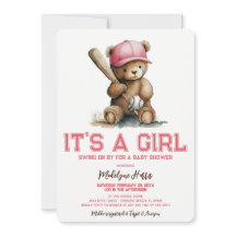 Baseball Teddy Bear Watercolor Girl Baby Shower