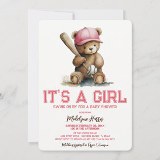 Baseball Teddy Bear Watercolor Girl Baby Shower Invitation