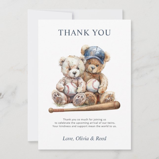 Baseball Teddy Bears Twins Baby Shower Thank You (Front)