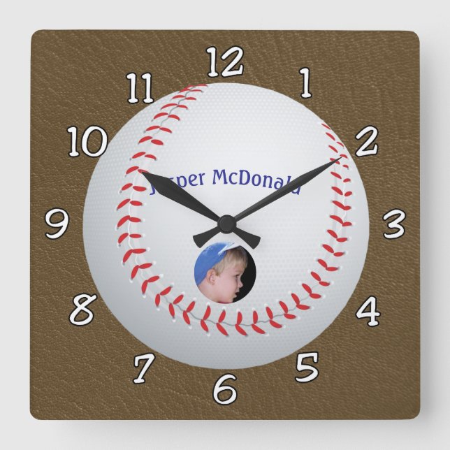 Baseball Textured Background photo personalize Square Wall Clock (Front)