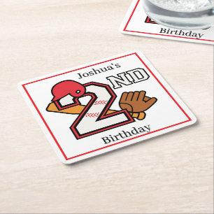 Baseball Theme 2nd Birthday Bat Ball Mitt Square Paper Coaster