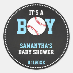 BASEBALL Theme Baby Shower Chalkboard Blue Boy Classic Round Sticker