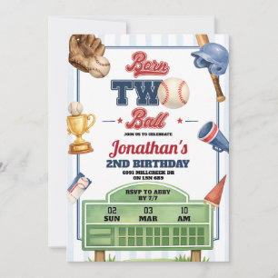Baseball Theme Born Two Ball Second Birthday Invitation