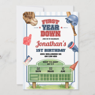 Baseball Theme First Year Down First Birthday Invitation