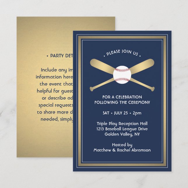 Baseball Theme Reception & Party Details Navy Gold Enclosure Card (Front/Back)