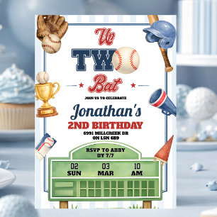 Baseball Theme Up Two Bat Second Birthday Invitation