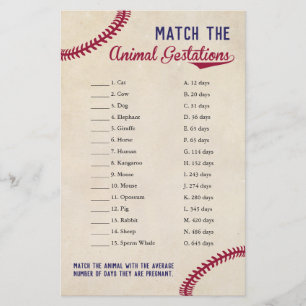 Baseball Themed Animal Gestation Match Shower Game Flyer