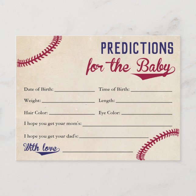 Baseball Themed Baby Predictions Cards Baby Shower (Front)