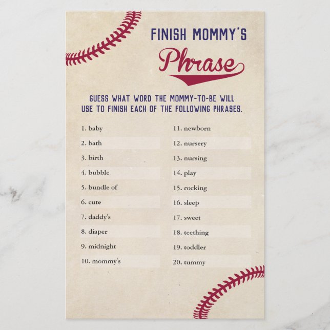 Baseball Themed Baby Shower Finish Mommy's Phrase Flyer (Front)