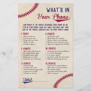 Baseball Themed Baby Shower What's in Your Phone Flyer