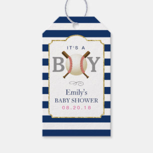 Baseball Themed Boy Navy Blue Stripes Baby Shower Gift Tags