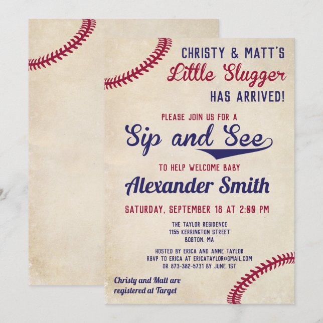 Baseball Themed Sip and See Invitations (Front/Back)
