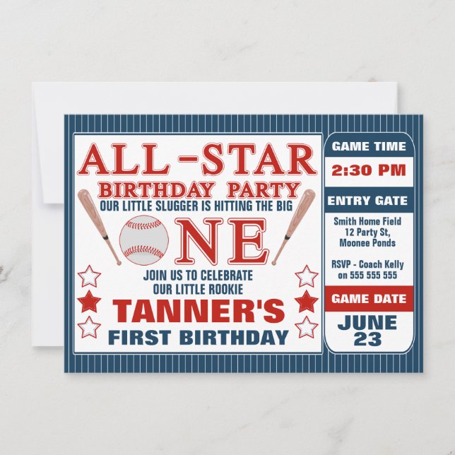 Baseball Ticket 1st Birthday Party Invitation (Front)