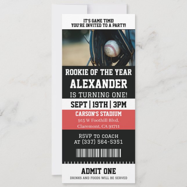 Baseball Ticket 1st Birthday Party Invitation (Front)