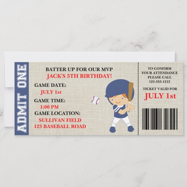 Baseball ticket birthday invitation customizable (Front)