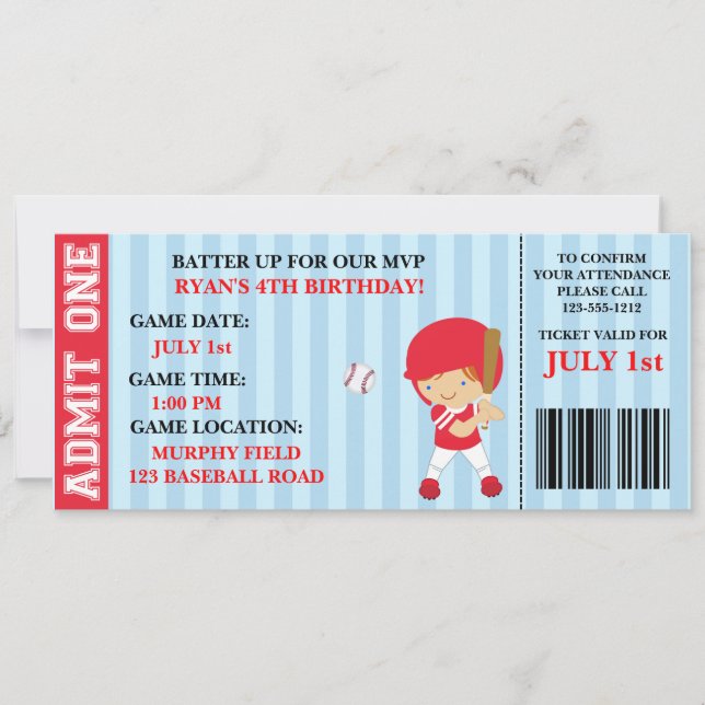 Baseball ticket birthday invitation customizable (Front)