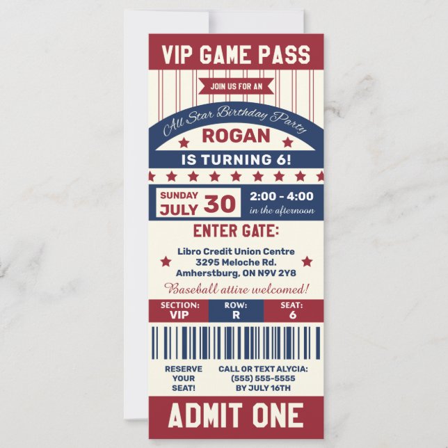 Baseball Ticket Birthday Party Invitation (Front)