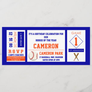 Baseball Ticket Birthday Party Invitation Orange