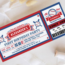 Baseball Ticket Pass Birthday Invitation Blue Red