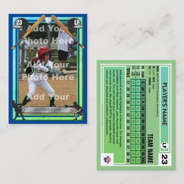 Baseball Trading Card Blue/Grn Frt - Custom Stats (Front/Back)