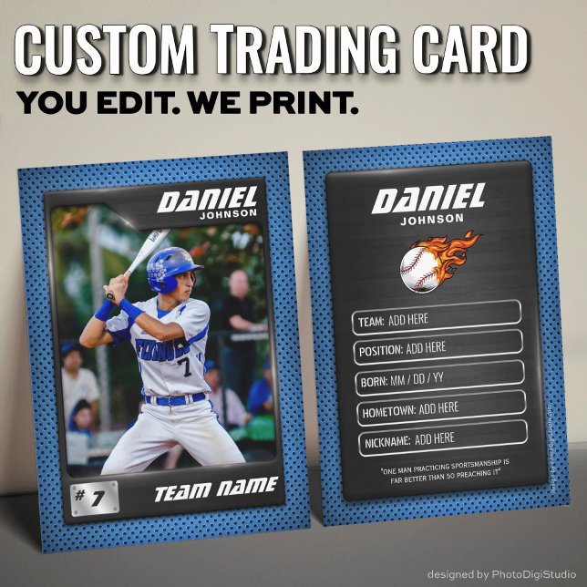 Baseball Trading Card Blue Silver Baseball Player (Custom Baseball Trading Card, Blue Graphite Player Card)