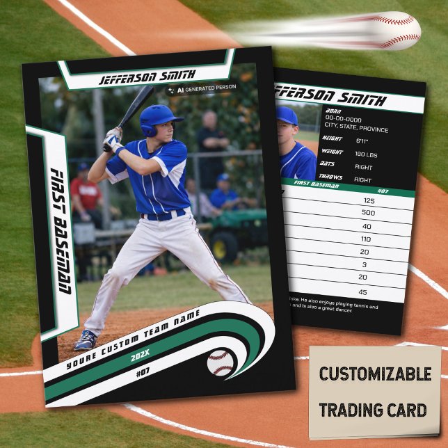 Baseball Trading Card Lively Green Black (Baseball Player Trading Card in Black with Custom Team Name and White Green Elements)